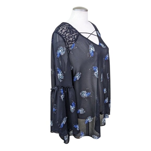 Womens Plus Size 22 Sheer Blouse Top Black Blue Bell Sleeve Lace Cross Front - Picture 3 of 6